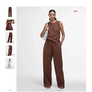 Barbour Lucy Trousers Walnut Wide Leg High Waist Coastal Linen Pants Size 44